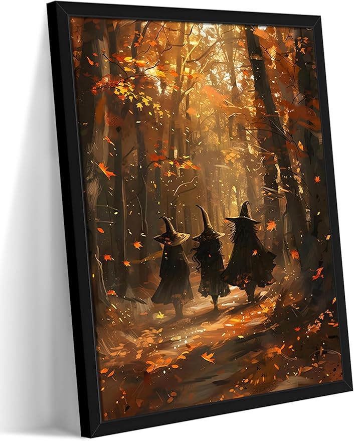 Framed Halloween Witch Wall Art - Autumn Forest Witch Canvas Print, Vintage Gothic Dark Academia Halloween Wall Decor, Spooky Fall Artwork for Bedroom Living Room Home 12x16in Wood Frame
