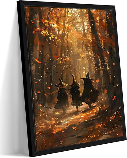 Framed Halloween Witch Wall Art - Autumn Forest Witch Canvas Print, Vintage Gothic Dark Academia Halloween Wall Decor, Spooky Fall Artwork for Bedroom Living Room Home 8x10in Wood Frame