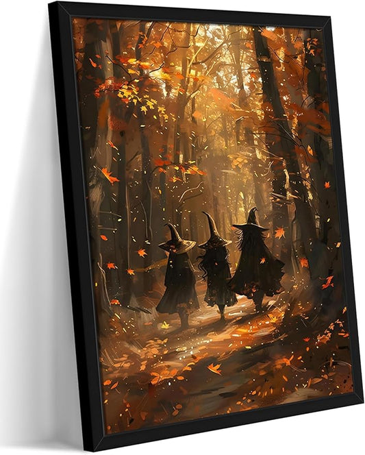 Framed Halloween Witch Wall Art - Autumn Forest Witch Canvas Print, Vintage Gothic Dark Academia Halloween Wall Decor, Spooky Fall Artwork for Bedroom Living Room Home 8x10in Wood Frame