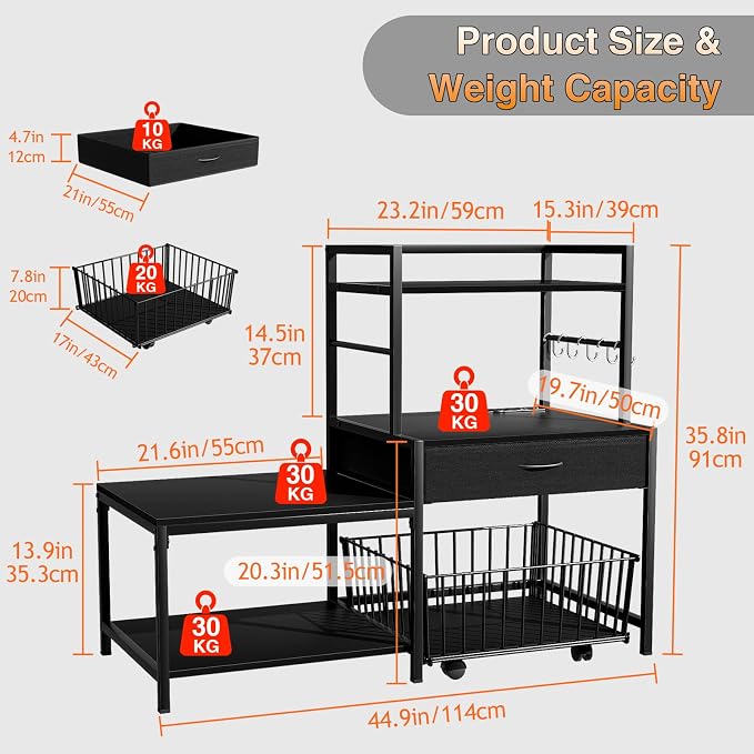 Saudism 3D Printer Stand with Storage Drawer and Rolling Filament Basket, Industrial Printer Table with Open Shelves and Hooks, Sturdy Metal Workstation for 3D Printing Tools and Accessories (Black)