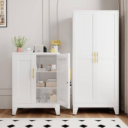 White Metal Storage Cabinet, 36" Tall Locking Storage Cabinet with 2 Adjustable Shelves, Steel Locker Organizer, for Office, Home, School