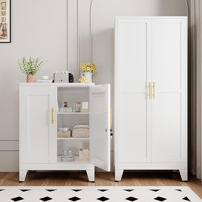 White Metal Storage Cabinet, 36" Tall Locking Storage Cabinet with 2 Adjustable Shelves, Steel Locker Organizer, for Office, Home, School, 2PS