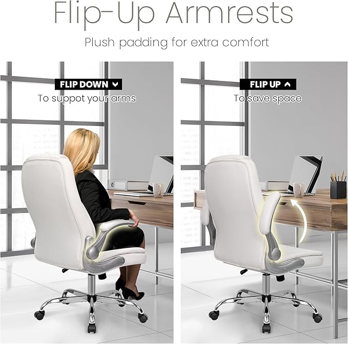 NEO Chair High Back Office Desk Chair for Computer Garming Ergonomic Executive Chair with Comfy Lumbar Support Flip-up Arms Height Adjustable Swivel (Leather White)