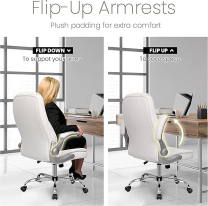 NEO Chair High Back Office Desk Chair for Computer Garming Ergonomic Executive Chair with Comfy Lumbar Support Flip-up Arms Height Adjustable Swivel (Leather White)