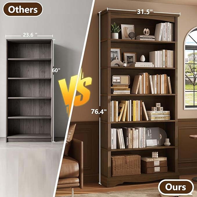 TVU 6-Tier Wooden Bookshelf, 76 Inch Tall Bookshelf with Storage, Floor Standing Modern Style Display Bookcase for Living Room, Office, Study Room, Entryway, Brown