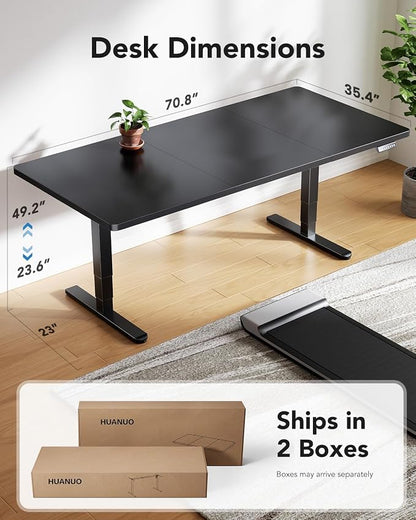 HUANUO 70x35 Inch 3-Stage Legs Electric Standing Desk, Large Height Adjustable Office Desk with Brushless Motor, Stand Up Desk with 4 Memory Presets & 2 Hooks, Computer Desk for Home Office, Black