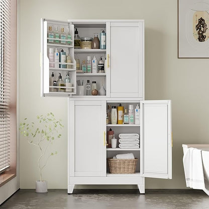 White Pantry Storage Cabinet, 75" Kitchen Pantry with Doors and 3 Adjustable Shelves, Metal Freestanding Buffet Cupboards Sideboard, for Office, Home, Garage, School