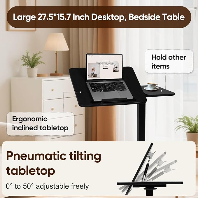 Adjustable Overbed Table with Tilt Board & Wheels, Rolling Bedside Laptop Desk for Hospital Bed Home Office, Height Adjustable Tray for Eating Working Reading, 26.18"-42.12" (Black)