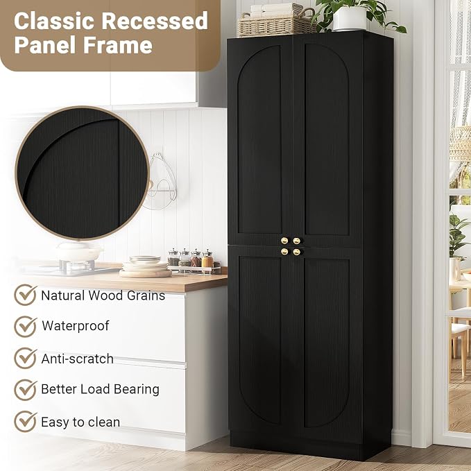 Cyclysio 80" Storage Cabinet, Tall Arched Bookcase with 4 Soft Close Doors, 6-Tier Wooden Pantry with Adjustable Shelves, Seamless Fit Wall for Home Office, Living Room, Kitchen (Black)