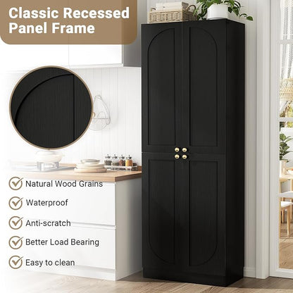 Cyclysio 80" Storage Cabinet, Tall Arched Bookcase with 4 Soft Close Doors, 6-Tier Wooden Pantry with Adjustable Shelves, Seamless Fit Wall for Home Office, Living Room, Kitchen (Black)
