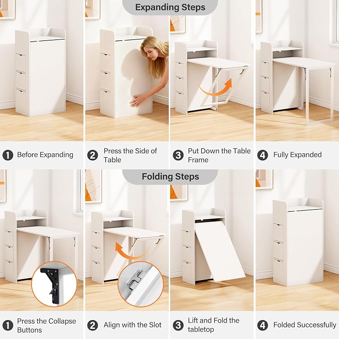 LAUSAINT HOME Wall Mounted Foldable Desk, Space Saving Hidden Desk with Storage & Power Outlet, Fold Out Table for Small Spaces, Home Office Bedroom, White
