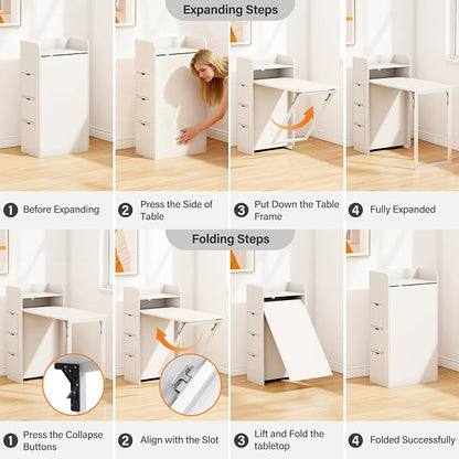 LAUSAINT HOME Wall Mounted Foldable Desk, Space Saving Hidden Desk with Storage & Power Outlet, Fold Out Table for Small Spaces, Home Office Bedroom, White