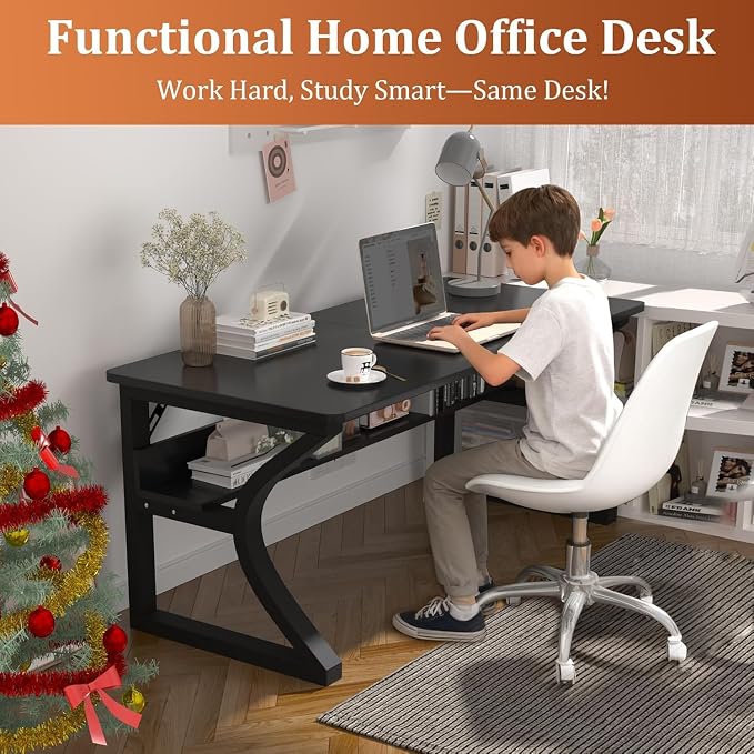 47 inch Computer Desk, Home Office Desk with Storage Shelf, Sturdy U-Shaped Metal Frame Study Table with Cable Management, Gaming Desk for Office & Bedroom (Black, 47inch)
