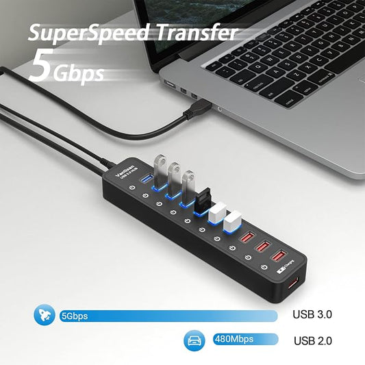 vantisan Powered USB 3.0 hub, 11-Port USB Hub Splitter Extension 7 USB 3.0 Data Ports + 4 Smart Charging Ports with Individual LED On/Off Switches and 12V/3A Power Adapter for USB Devices.