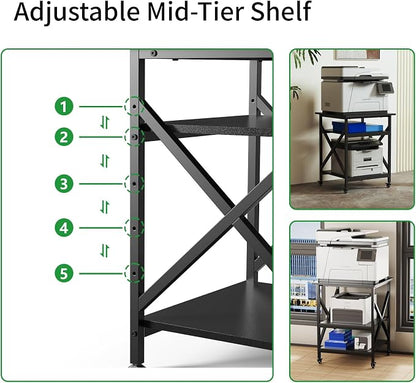 3 Tier Printer Stand, Large Table with Wheels, Rolling Cart with Height Adjustable Middle Storage Shelf, 23.6 x 23.6 x 30.3 Inches Shelf for Home Office, Black
