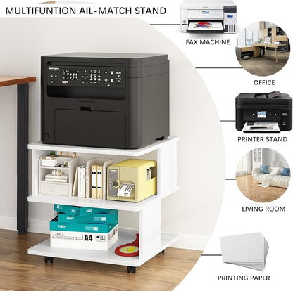 Arbuxzuy Large Printer Stand with Storage Shelf, 3 Tier Mobile Printer Cart for Home Office, Stands for Heat Press Scanner Fax, White