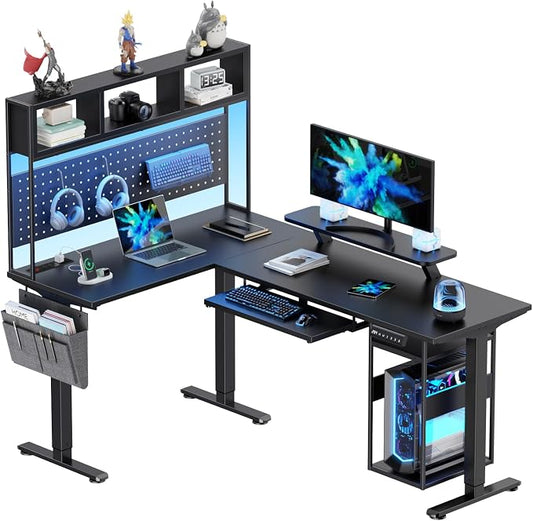 Flycity Electric L Shaped Standing Desk Adjustable Height, 67" x 47" Corner Computer Desk with Host Shelf, Gaming Desk with LED Lights & Power Outlet, Dual Motor Home Office Desk with Storage, Black