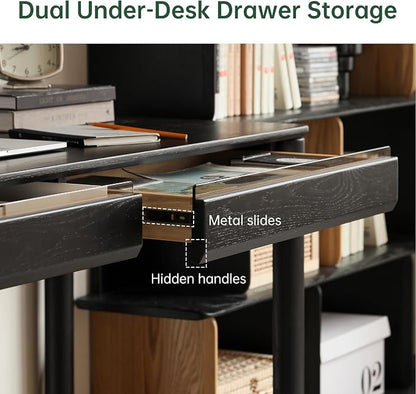 Solid Oak Wood Writing Desk, Smoky Black Home Office Desk with 2 Drawers, Ideal for Work Study Bedroom 55.11" W