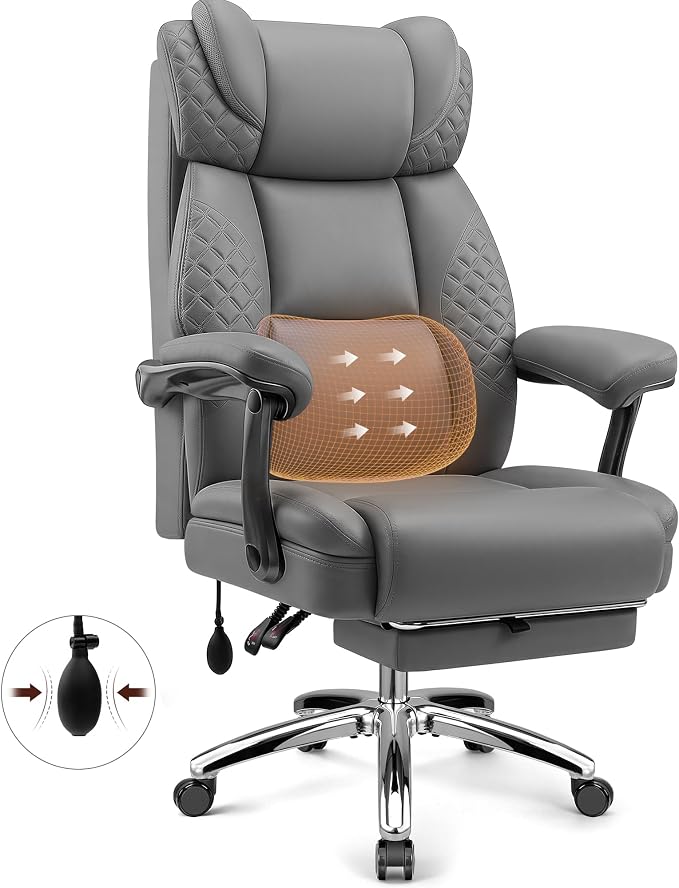 Office Chair, Ergonomic Desk Chair with Adjustable Lumbar Support for Back Pain, Extra Wide 400LBS Comfy Big and Tall Office Chair with Footrest, Executive Leather Computer Game Chair for Heavy People