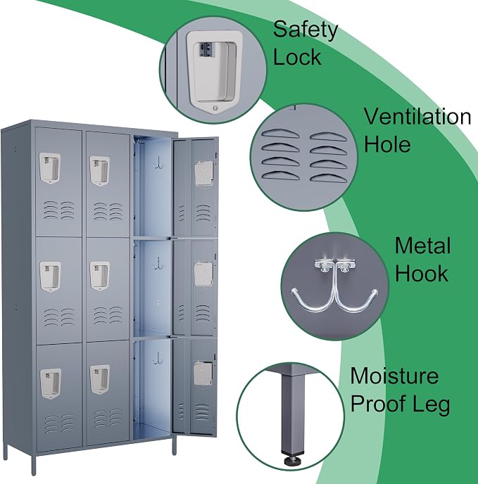 9 Door Metal Lockers for Employees,9 Heavy-Duty Hooks,72" Secure Storage for Home,Offices,Schools & Gyms | Gray