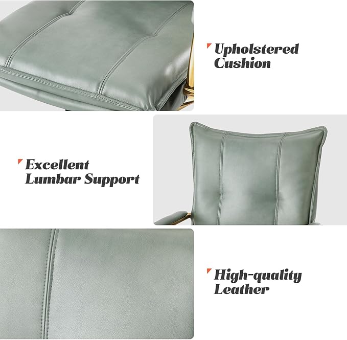 HULALA HOME Faux Leather Home Office Desk Chair, Adjustable Swivel Computer Chair with Golden Legs and Arms, Comfy Upholstered Task Chair, Sage