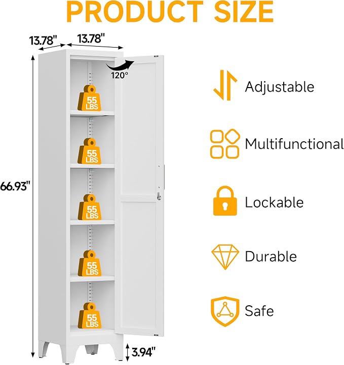 67"H White Metal Locker with 1 Lockable Door and 4 Adjustable Shelves For Employees, 5 Tier Thin Storage Cabinet with Detachable Legs and Gold Handle for Kitchen,Office,Gym,School,Easy Assembly 2Pcs