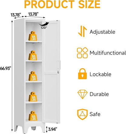 67"H White Metal Locker with 1 Lockable Door and 4 Adjustable Shelves For Employees, 5 Tier Thin Storage Cabinet with Detachable Legs and Gold Handle for Kitchen,Office,Gym,School,Easy Assembly 2Pcs