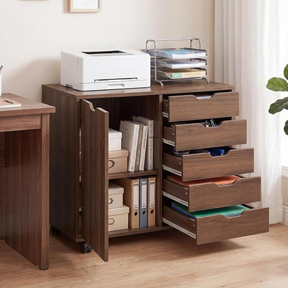 Giantex 5-Drawer File Cabinet with Wheels, Wooden Rolling Lateral Filing Cabinet with Door and Adjustable Shelf, Chest of Drawers, Mobile Printer Stand Organizer for Home Office and Bedroom (Coffee)