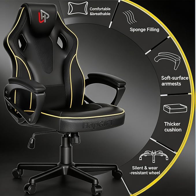 HapGIFT Gaming Chair, Ergonomic Computer Gaming Chairs with Link Armrest, PU Leather Video Game Chairs for Adults Teens, Height Adujustable Racing Style PC Chair for Home, 300LBS (BLACK)