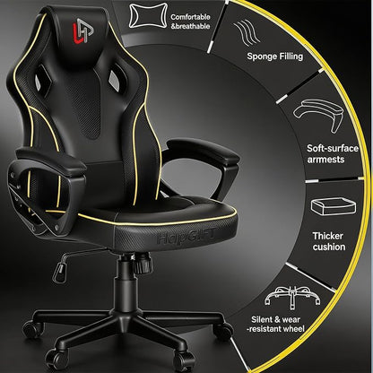 HapGIFT Gaming Chair, Ergonomic Computer Gaming Chairs with Link Armrest, PU Leather Video Game Chairs for Adults Teens, Height Adujustable Racing Style PC Chair for Home, 300LBS (BLACK)