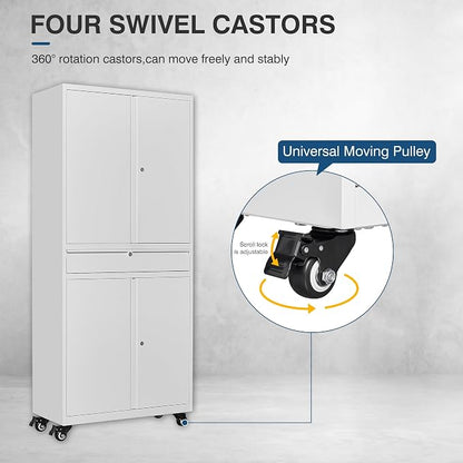 White Metal Storage Cabinet with Wheels, 73" Tall Garage Rolling Storage Cabinets with Doors and Shelves, Lockable Tool Caninet Steel Locking Cabnets for Home Office, Garage, Pantry