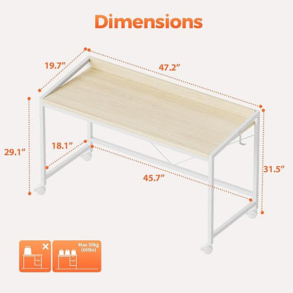 Mericonia 48 inch Rolling Computer Desk with Wheels, Gaming Desk for Small Spaces, Modern Simple Style Table for Home Office, Study Writing Table
