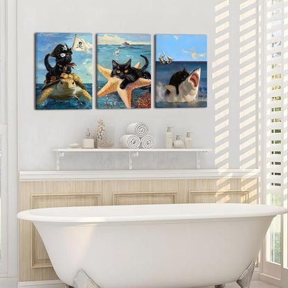 Framed Black Cat Wall Art Funny Cat Shark Turtle Starfish Canvas Wall Decor Ocean Abstract Black Cat Posters Pictures Print for Bedroom Living Room Bathroom 16x24 In