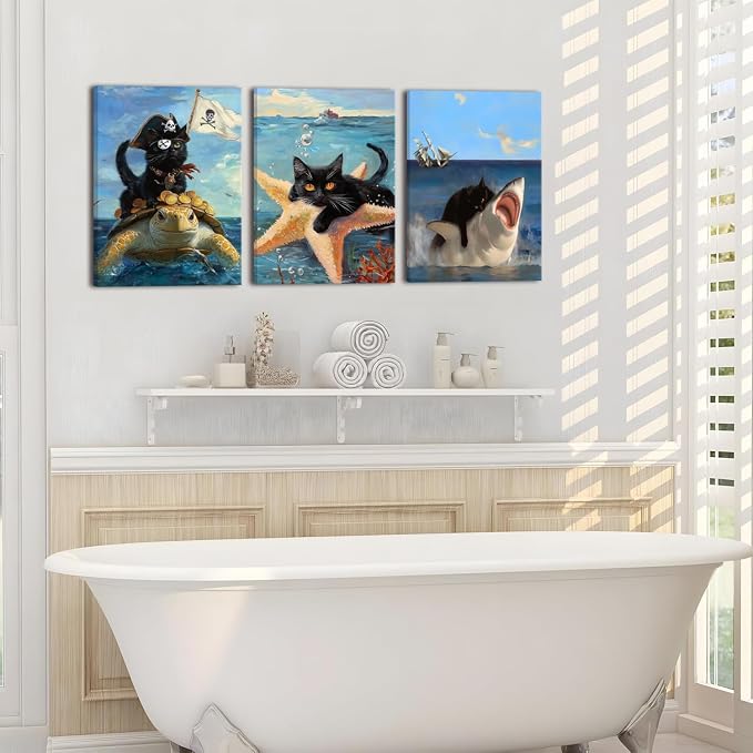 Framed Black Cat Wall Art Funny Cat Shark Turtle Starfish Canvas Wall Decor Ocean Abstract Black Cat Posters Pictures Print for Bedroom Living Room Bathroom 12x16 In