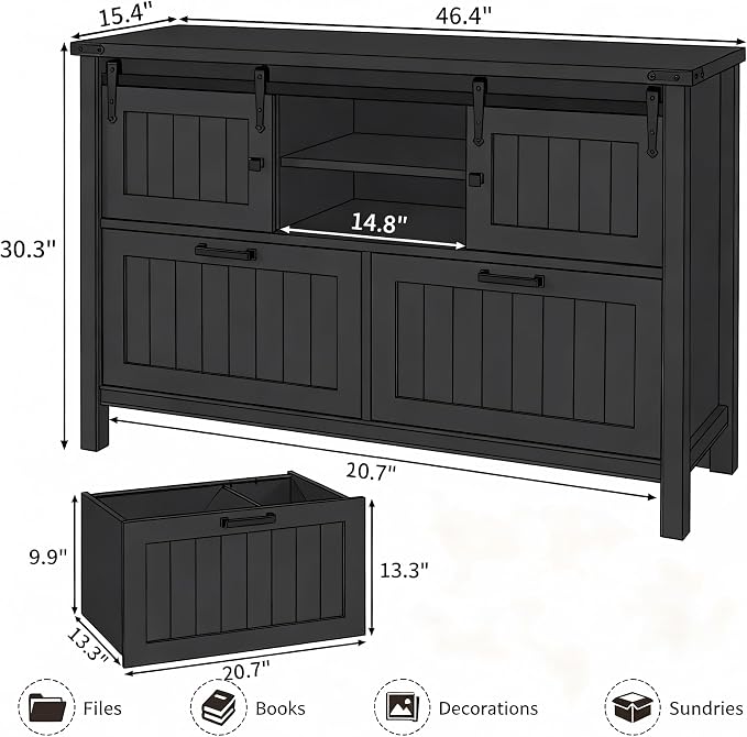 Farmhouse File Cabinet with Charging, Sliding Barn Doors & 2 Drawers, Cute Printer Stand with Open Shelf for Home Office, Remote Work, Black