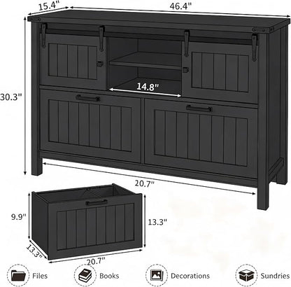Farmhouse File Cabinet with Charging, Sliding Barn Doors & 2 Drawers, Cute Printer Stand with Open Shelf for Home Office, Remote Work, Black