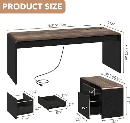 Mid-Century Modern 78" L-Shaped Executive Desk with Independent Mobile File Cabinet, Large Home Office Desk with Drawers and 4 AC + 2 USB Power Outlets, Waterfall Edge Design, Black