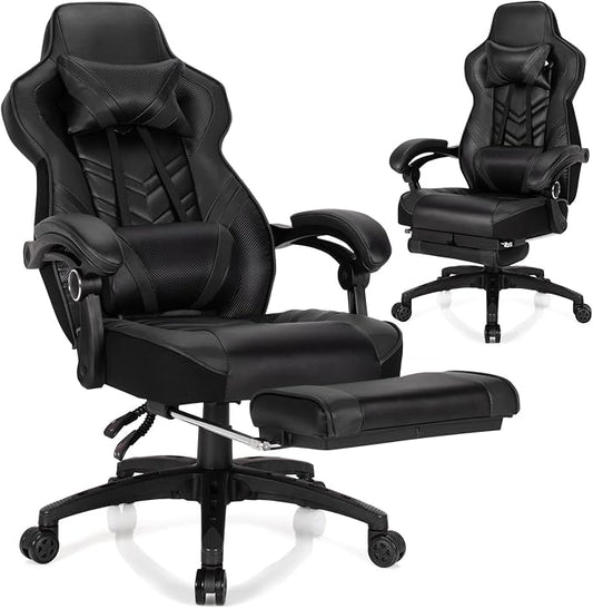Goplus Gaming Chair, Computer Chair with Footrest and Lumbar Support, Height Adjustable Executive Swivel Rolling Task Chair with 90°-155° Tilt Function (Black)