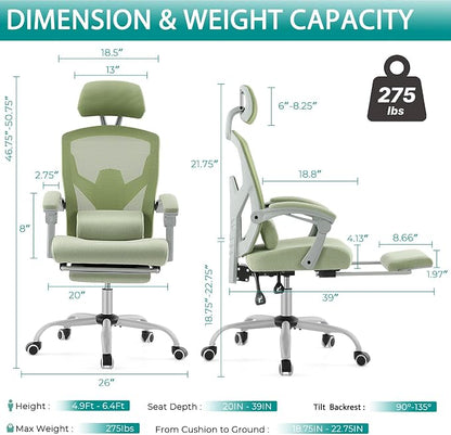 DUMOS Office Desk Chair with Footrest Ergonomic Gaming Chair for Adults Computer Mesh, Lumbar Support,Swivel Reclining with Headrest, Comfy Armrest for Home, Office, Work, Study, Light Green