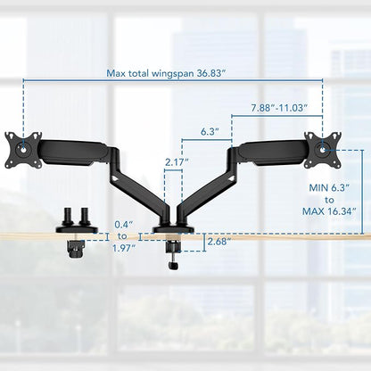 Mount-It! Dual Monitor Desk Mount, Two Independent Gas Spring Arms, Fits 13-32" Screens up to 17.6 lbs Each, VESA 75x75 & 100x100, Full Motion Tilt Swivel Rotate, C-Clamp & Grommet Base