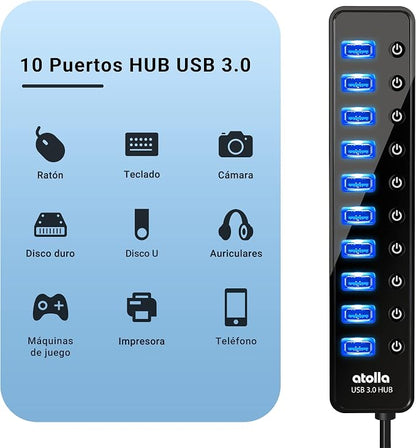Powered USB 3.0 Hub, atolla 10 Ports USB Data Hub Splitter with Individual ON/Off Switches and 12V/2.5A Power Adapter USB Extension for Mouse, Keyboard, Hard Drive or More USB Devices