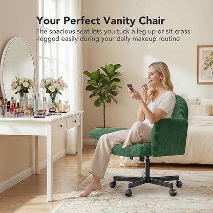 HUANUO Criss Cross Office Chair for Women, Cross Legged Desk Chair with Adjustable Armrests, Soft Corduroy Fabric for Small Spaces, Petite Home Office Computer Chair for Girls, Deep Green