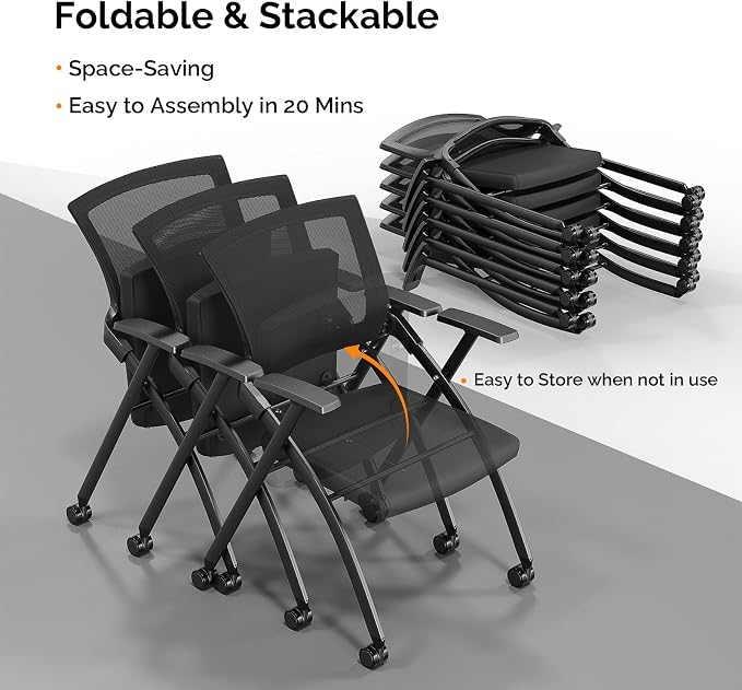 Stackable Conference Room Chair with Wheels, Folding Office Chair with Rebound Back & Padded Seat, 350 lb Capacity, Black – Ideal for Training, Guest, Reception & Event Seating