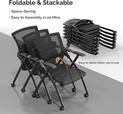 Stackable Conference Room Chair with Wheels, Folding Office Chair with Rebound Back & Padded Seat, 350 lb Capacity, Black – Ideal for Training, Guest, Reception & Event Seating