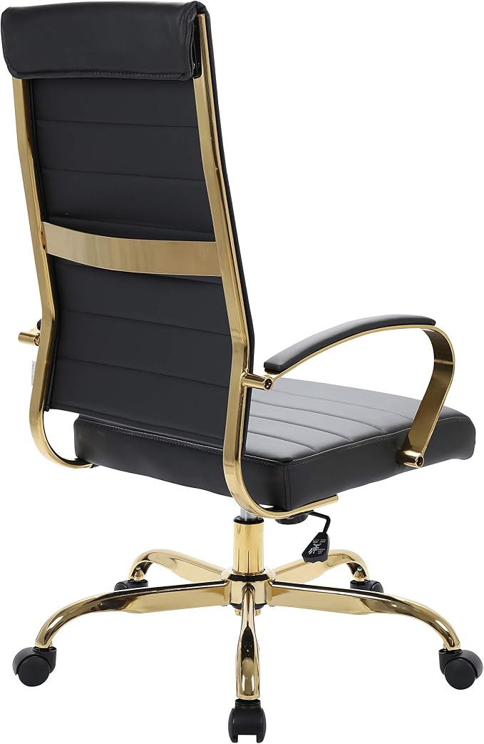 LeisureMod Modern High-Back Leather Office Chair - Swivel & Adjustable Executive Desk Chair with Gold Frame, Ergonomic Design for Home & Office (Black, Single)