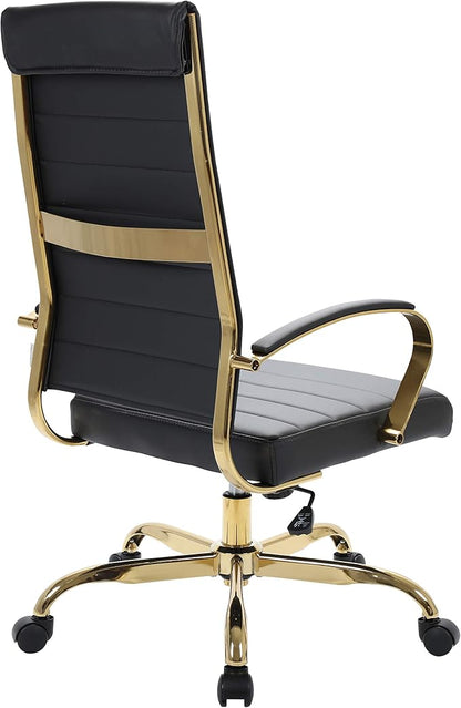 LeisureMod Modern High-Back Leather Office Chair - Swivel & Adjustable Executive Desk Chair with Gold Frame, Ergonomic Design for Home & Office (Black, Single)