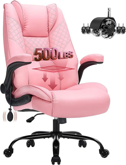 500lbs Big and Tall Office Chair with Inflatable Lumbar Support, Rubber Wheels Executive Chair with Rocking Function, High Back Wide Cushion Leather Ergonomic Computer Desk Chair for All-Day Sitting
