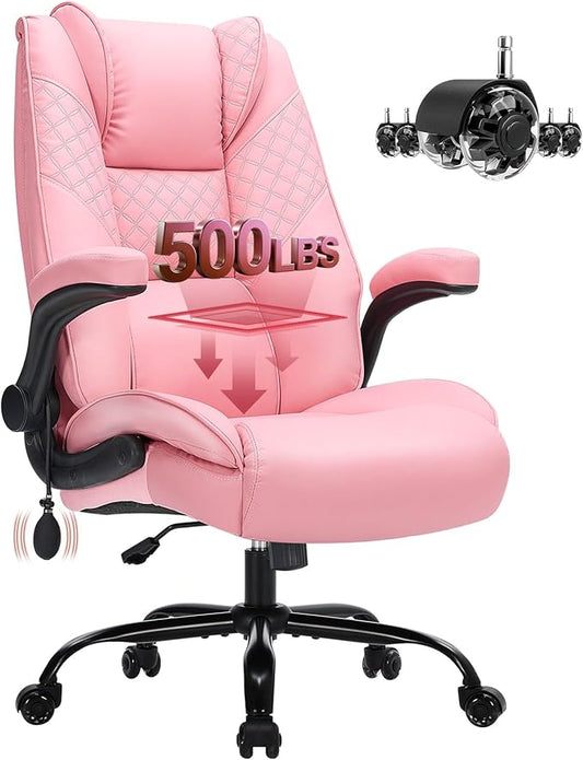 500lbs Big and Tall Office Chair with Inflatable Lumbar Support, Rubber Wheels Executive Chair with Rocking Function, High Back Wide Cushion Leather Ergonomic Computer Desk Chair for All-Day Sitting