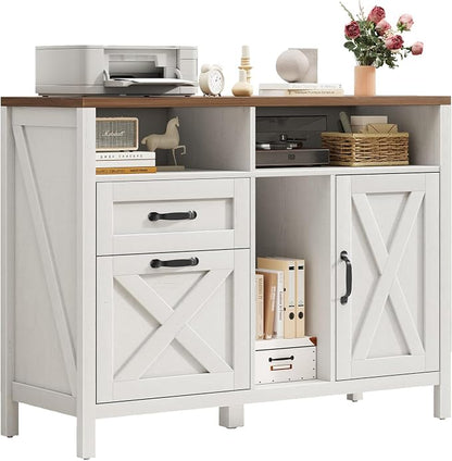 Vabches Lateral File Cabinet, Farmhouse 2 Drawer File Cabinet with Open Storage Shelf for Letter/Legal/A4 Size Hanging Files, Large Wood Storage Cabinets Printer Stand for Home Office, White