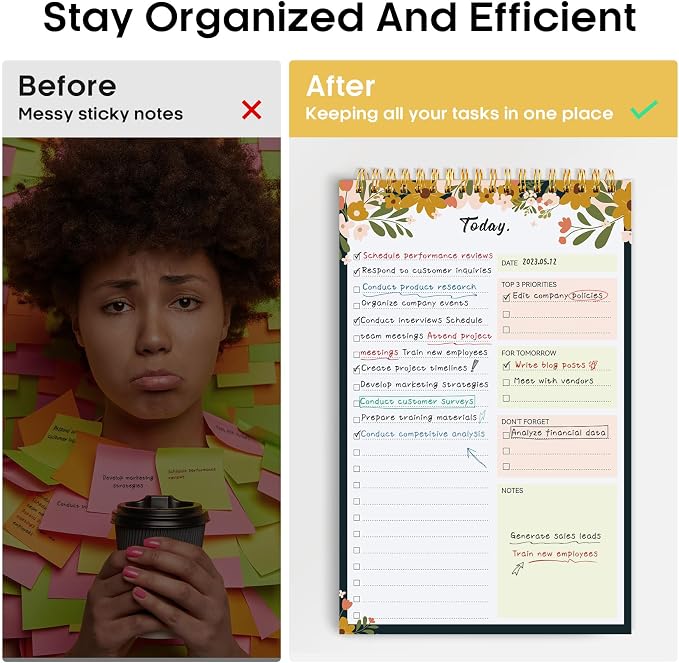 Taja To Do List Notepad - To Do List Notebook for Work with 52 Sheets, 9.8" x 6.5", Undated Daily Planner Perfect for Daily Tasks and Goal Setting, Notepad Suitable for Office, Home & School - Rustic Floral